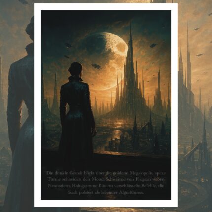 Goldene Megalopolis unter dem Mond – Hochauflösendes Sci-Fi Artwork für Visionäre