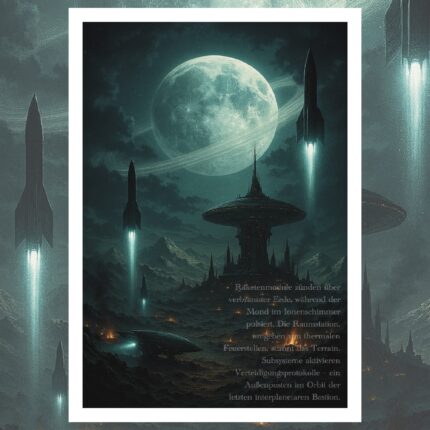 Interplanetarer Außenposten unter Ionenschimmer – Hochauflösendes Sci-Fi Artwork für Print & Storytelling