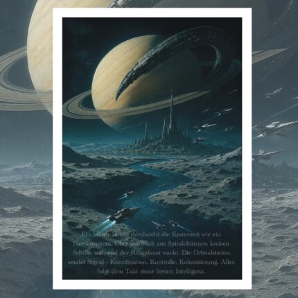 Orbital Pulse – Sci-Fi Artwork mit Ringplanet & Spindeltürmen