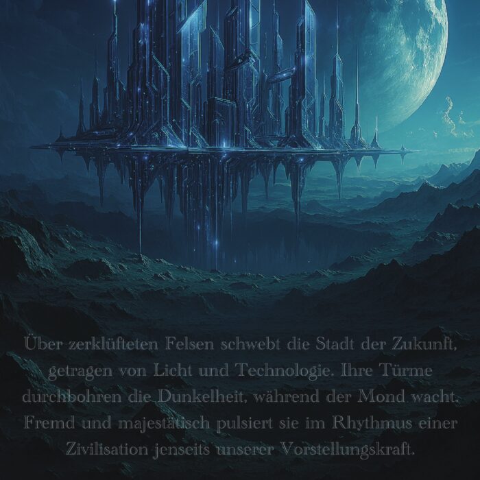 Schwebende Zukunftsstadt über zerklüfteten Felsen