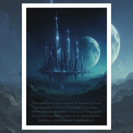 Schwebende Zukunftsstadt über zerklüfteten Felsen – Sci-Fi Artwork für Visionäre